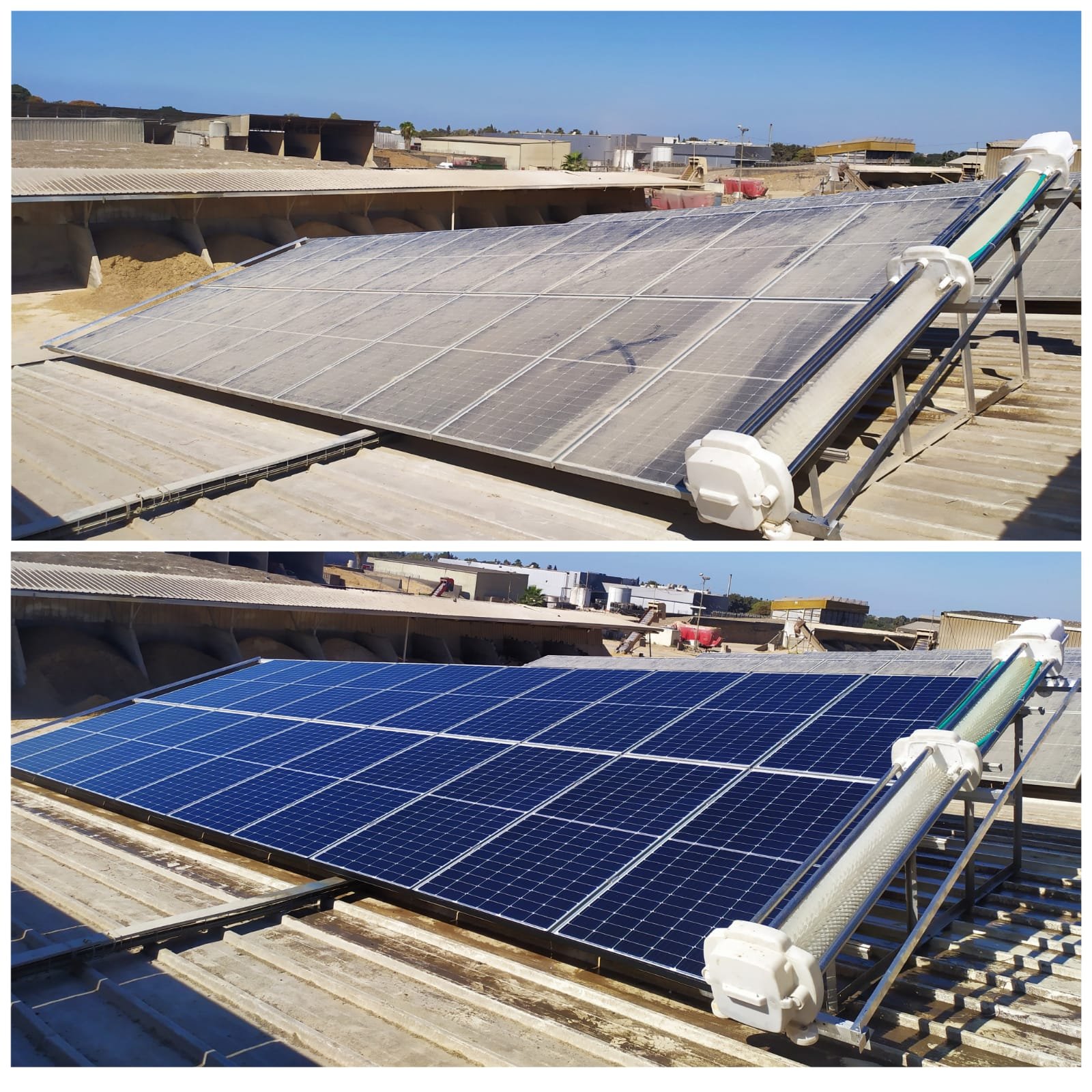Automated robotic solar cleaning system maintaining photovoltaic panels in a utility-scale solar project.