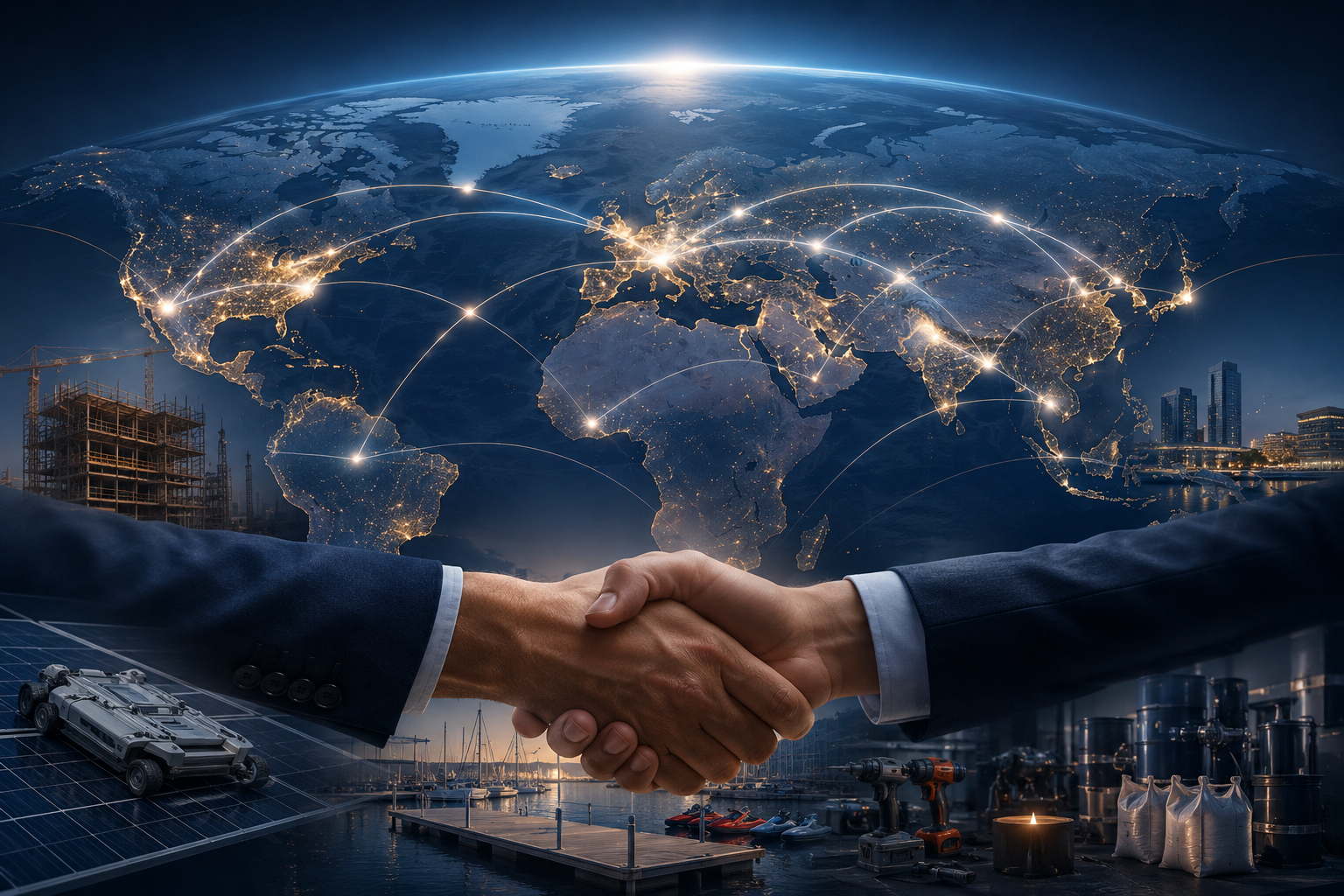 Global business partnership connecting construction, renewable energy, marine infrastructure, industrial products, real estate investments, and international trade solutions across worldwide markets.